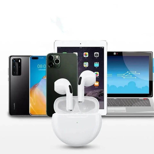 High-quality wireless earbuds showcased with smartphones, tablet, and laptop for versatile connectivity.