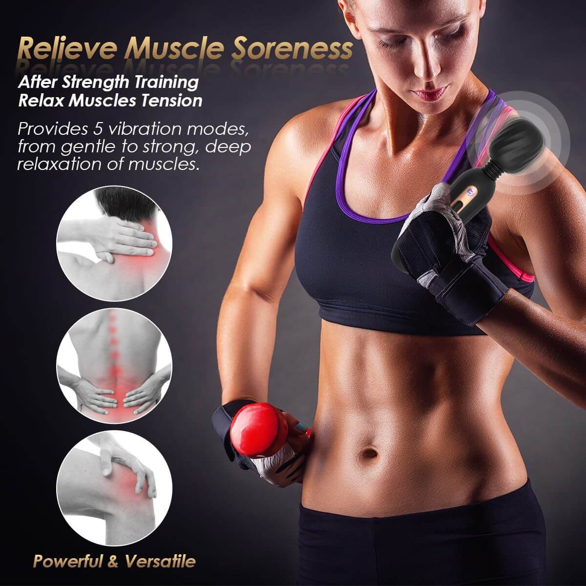 Handheld wand massager relieving muscle soreness after strength training, featuring 5 vibration modes for deep relaxation.
