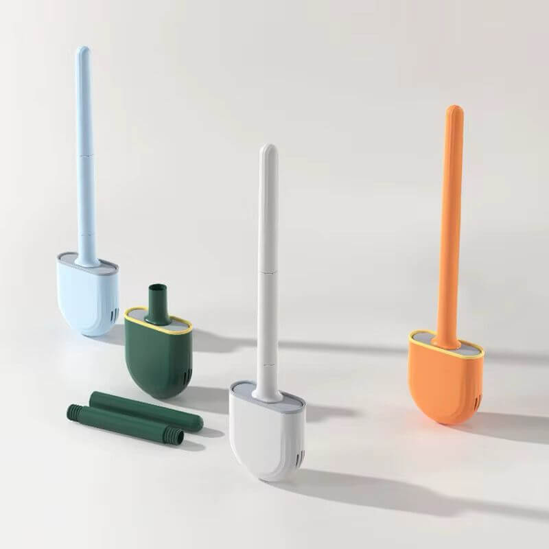Wall mounted silicon toilet brushes in various colors - blue, green, white, orange - organized on a light background.