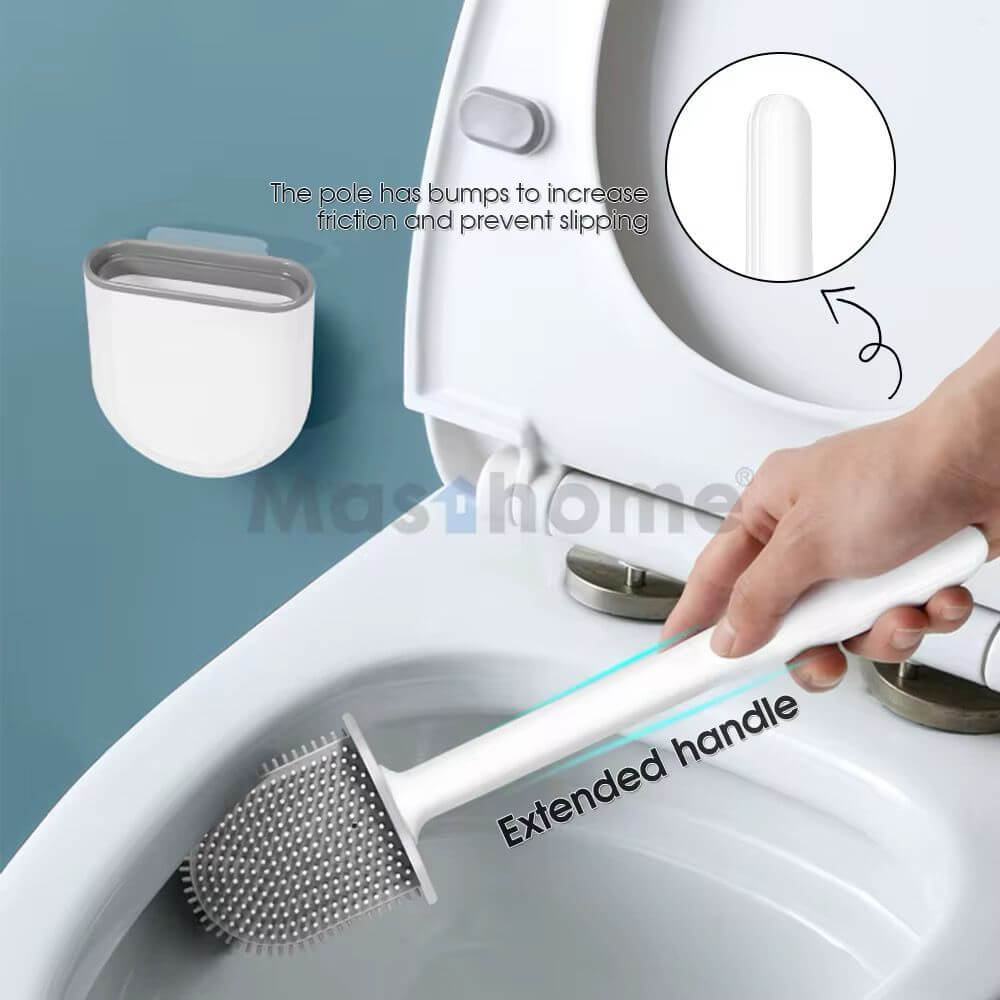 Wall mounted silicon toilet brush with extended handle for easy cleaning and hygienic storage.