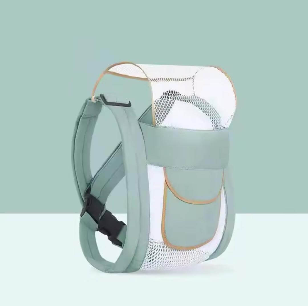 Light green Body Baby Carrier with ergonomic design and mesh panel for comfort and breathability.