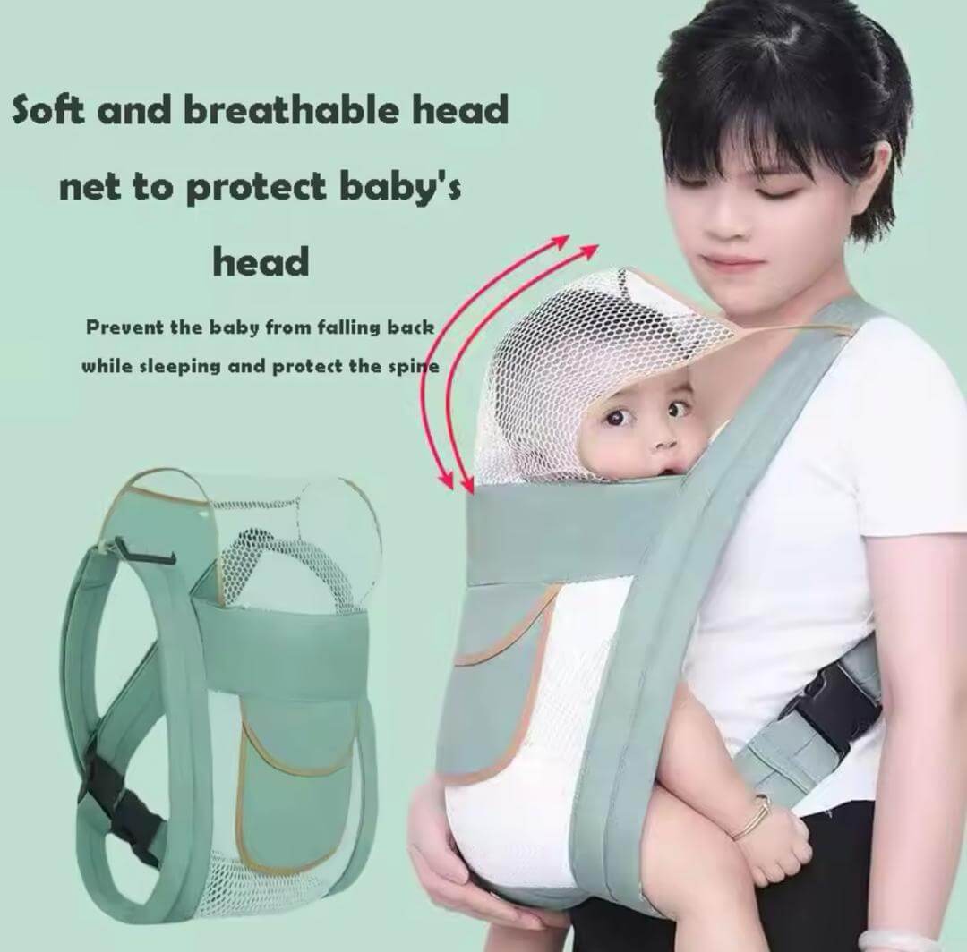 Comfortable Body Baby Carrier with breathable head net for baby protection, designed for ease of use and hands-free mobility.