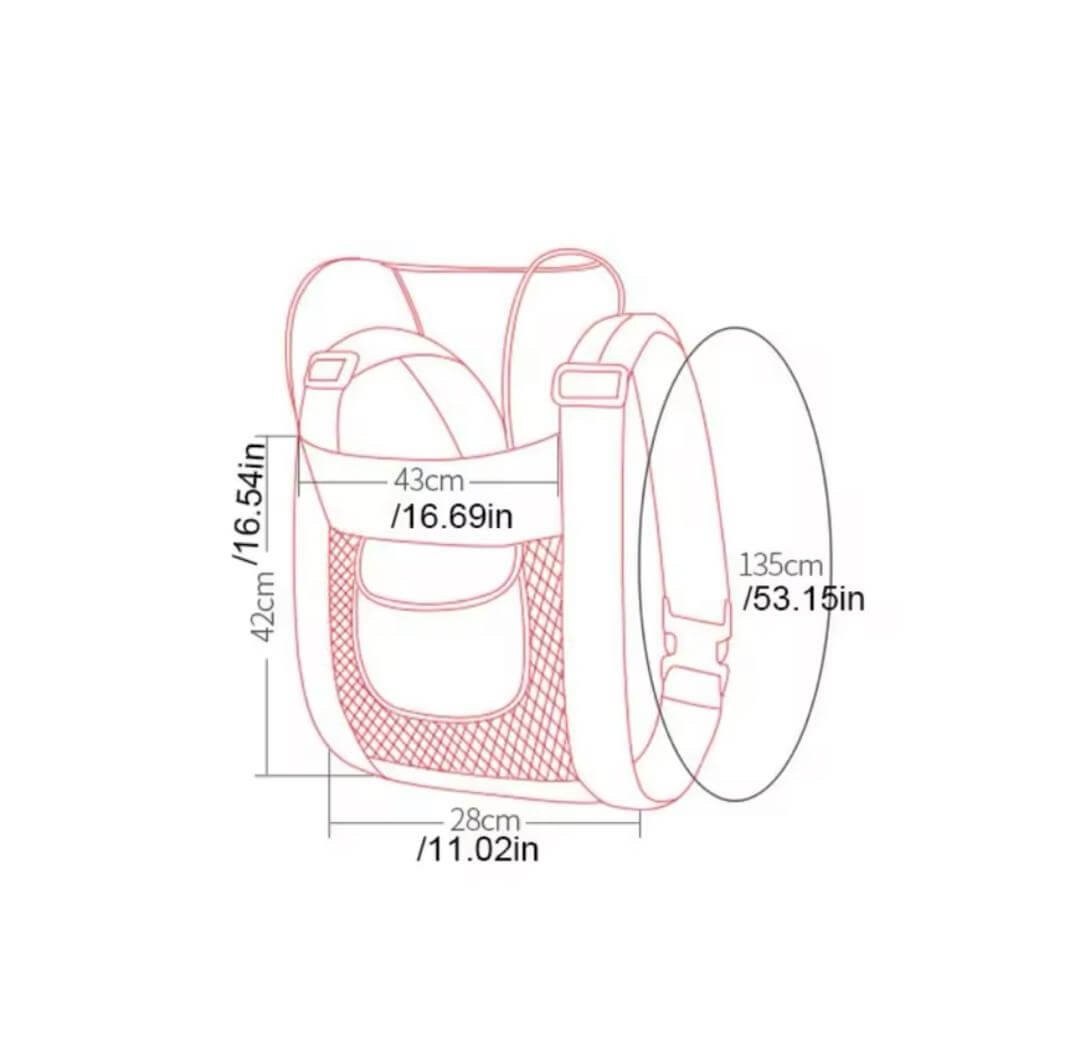 Diagram of the Body Baby Carrier showing dimensions and ergonomic design for comfortable carrying.