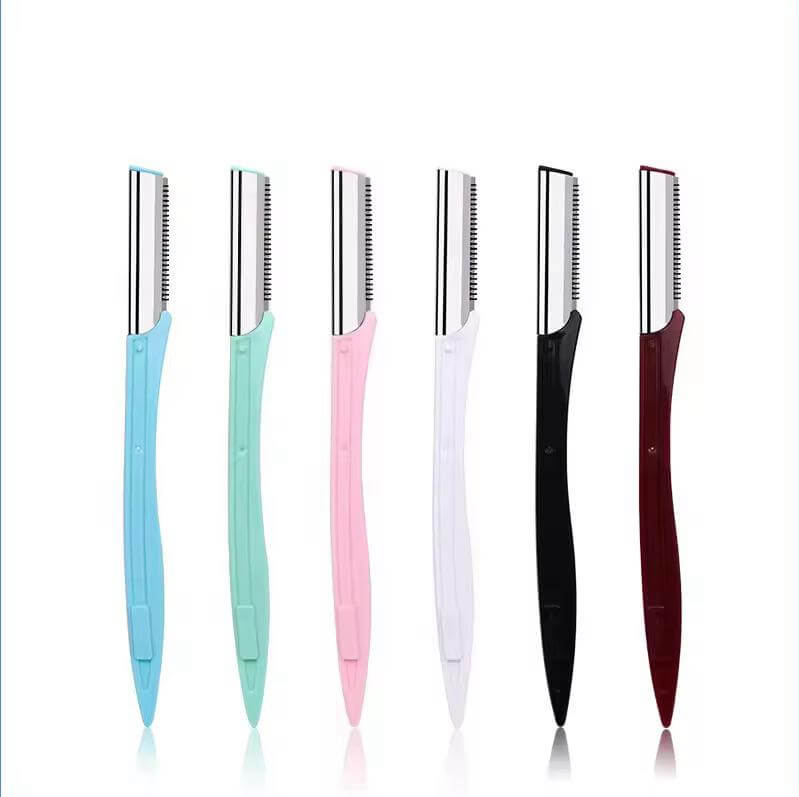 Set of six eyebrow and facial hair trimmers in various colors: mint, pink, white, black, and burgundy for precise grooming.