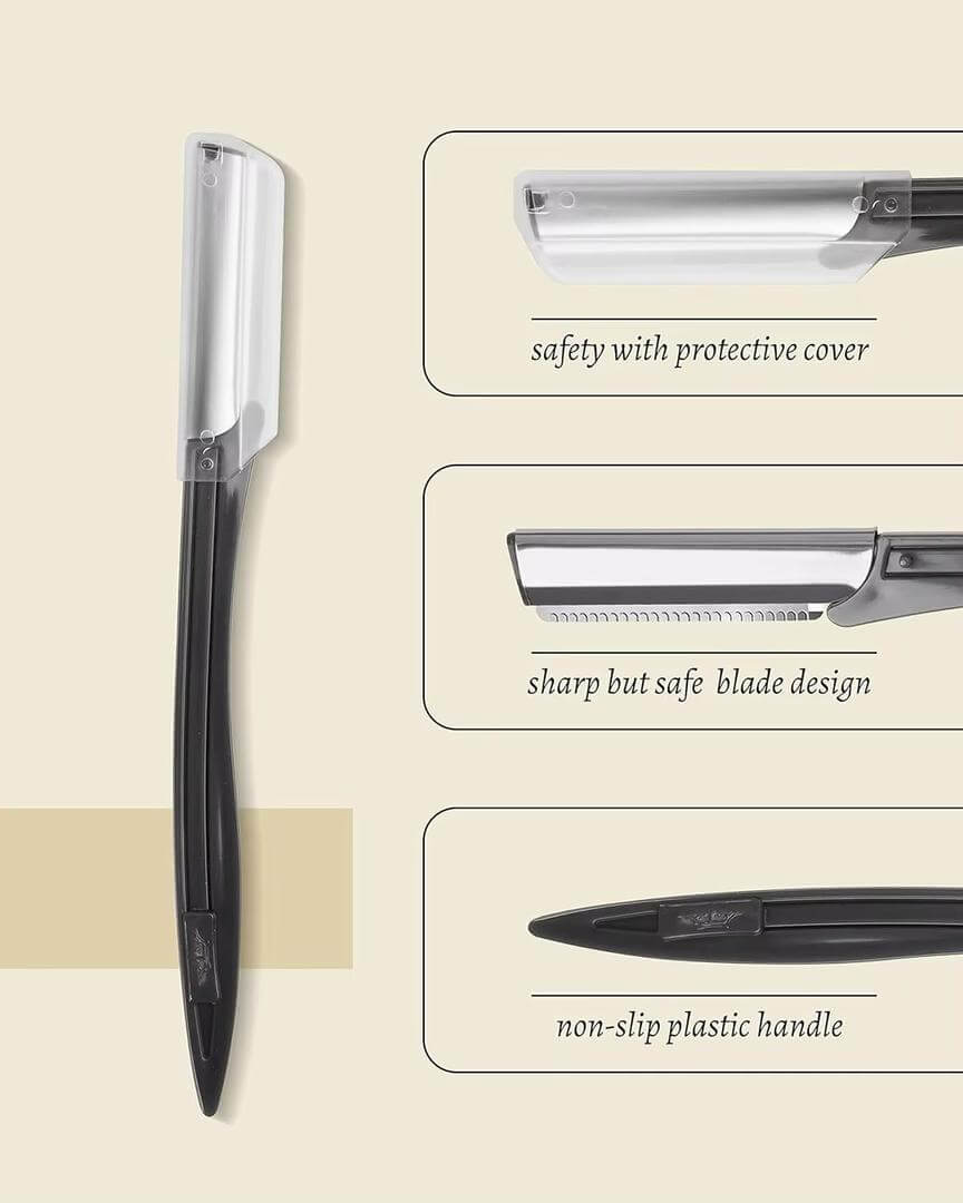 Eyebrow and facial hair trimmer featuring a protective cover, sharp blade design, and non-slip plastic handle.